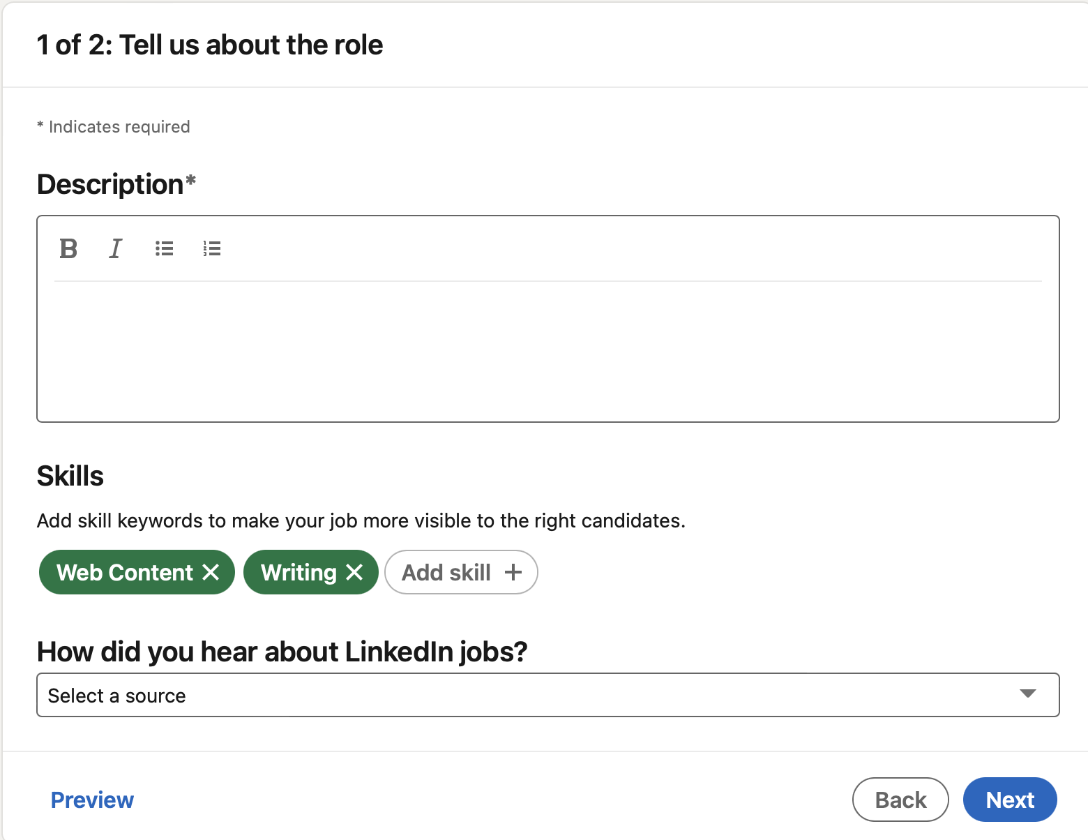 II - LinkedIn Job Form part 2 skills