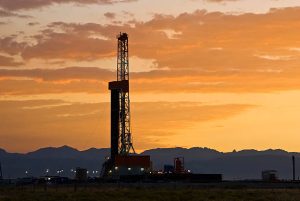 an oil drilling rig in the oil fields of Wyoming
