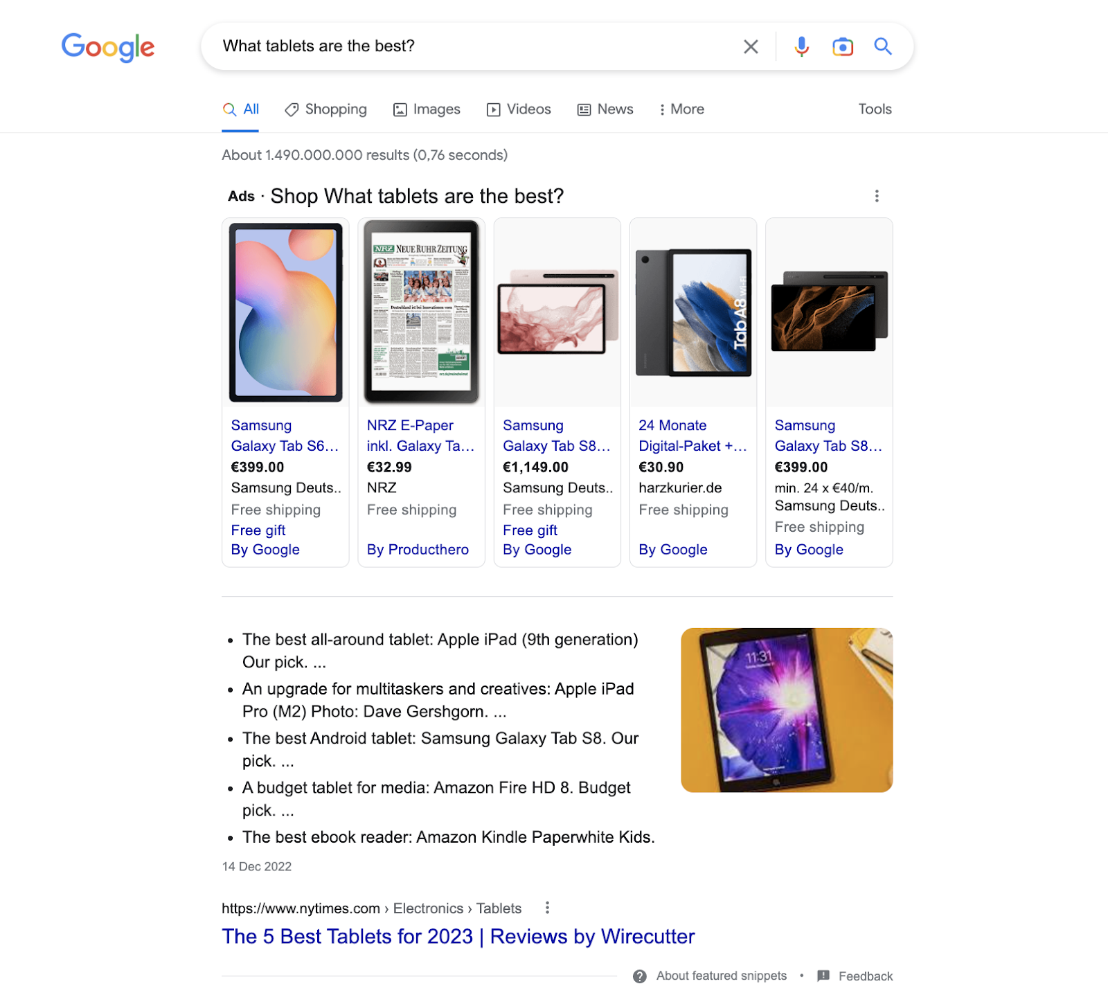 Google Search Engine Results Page for a Query with Commercial Intent