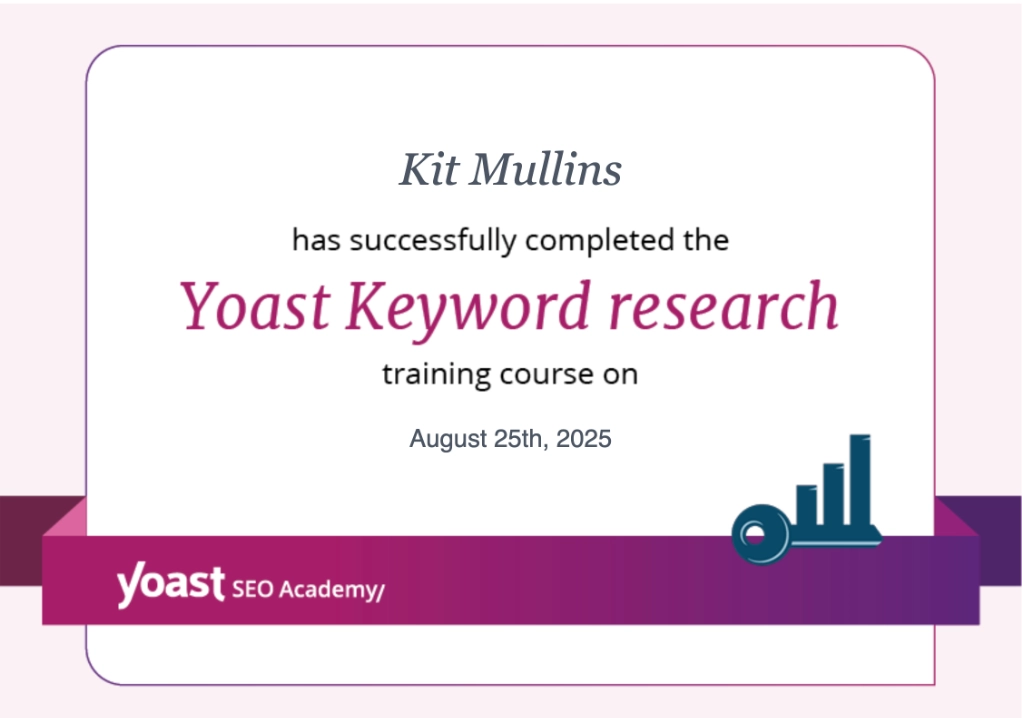 Certificate for Yoast Keyword Research - Kit Mullins