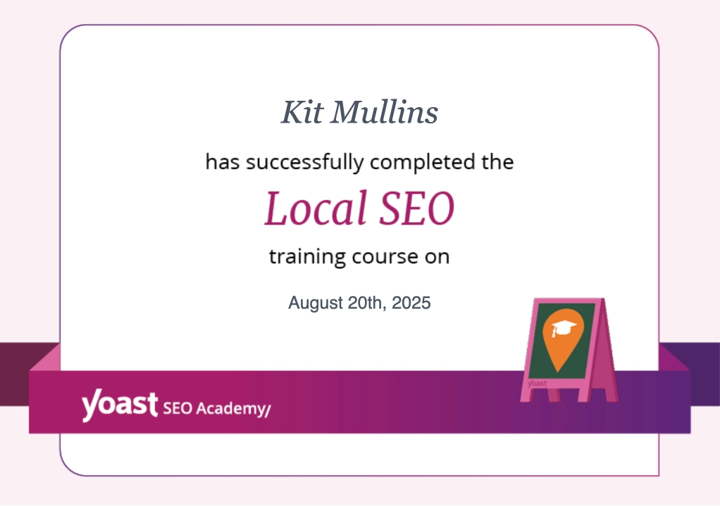 Certificate for Yoast Local SEO - Kit Mullins